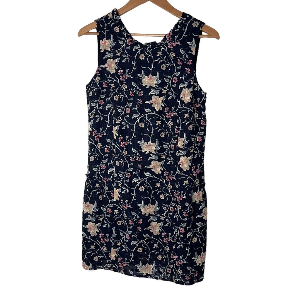 Sezane sleeveless drop waist navy blue dress with pastel flowers  - Size 36